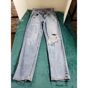 American Eagle Jeans Size 2 Womens Blue Stretch Distressed Mid Rise 90s Straight